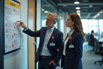 Manager et employée vérifiant un poster de sécurité au bureau