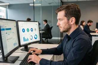 Professionnel informatique analysant la sécurité des données d'entreprise sur un poste de travail double écran