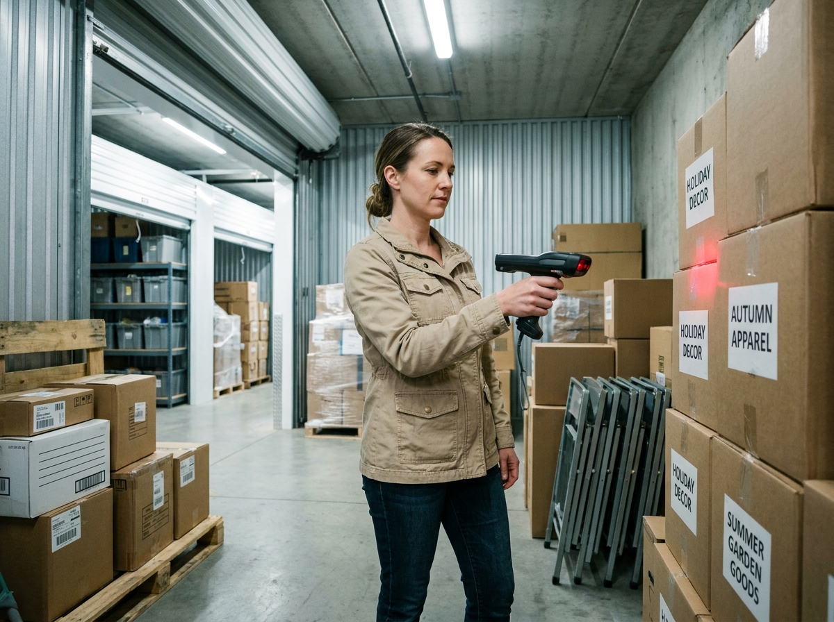 Femme scannant des articles dans un box de self-stockage pour gérer un surplus de stock saisonnier