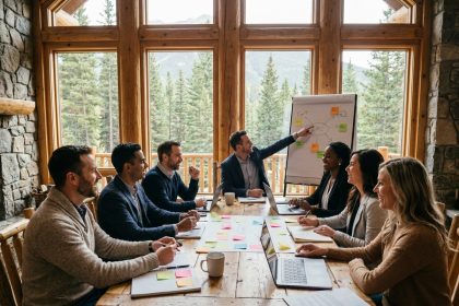 Équipe de professionnels en séminaire dans un chalet de montagne, brainstorming autour d'une grande table en bois avec vue sur la forêt