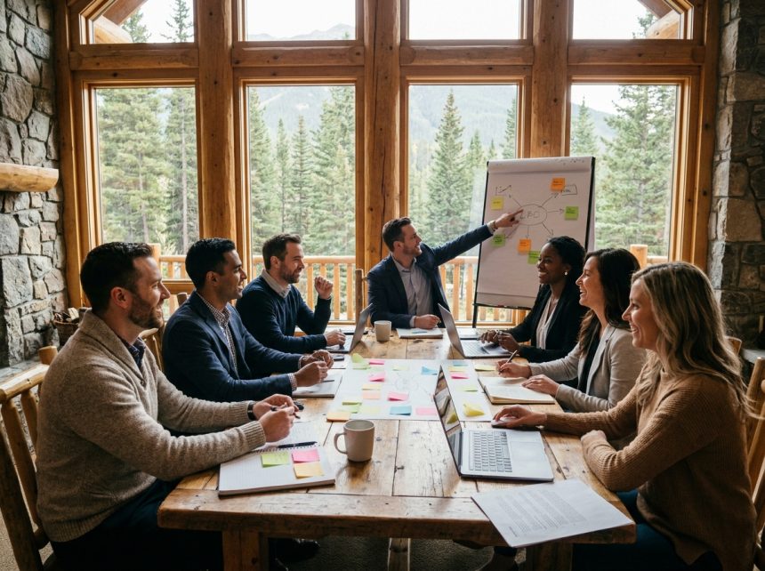 Équipe de professionnels en séminaire dans un chalet de montagne, brainstorming autour d'une grande table en bois avec vue sur la forêt