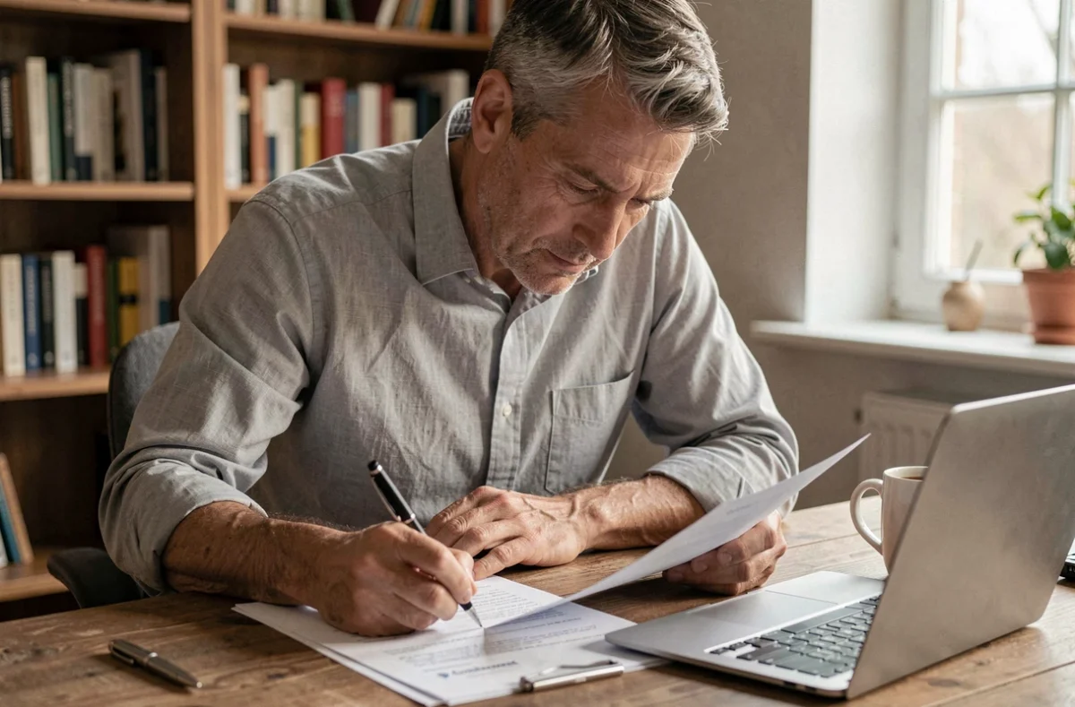 Homme signant un document de rupture conventionnelle dans son bureau à domicile pour une reconversion professionnelle
