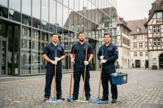 Équipe de nettoyage professionnelle devant un immeuble de bureaux moderne à Strasbourg, représentant les sociétés de nettoyage du Bas-Rhin