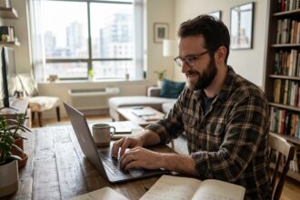 Freelance SEO homme travaillant seul sur un laptop dans un appartement