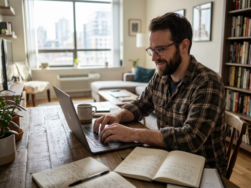 Freelance SEO homme travaillant seul sur un laptop dans un appartement