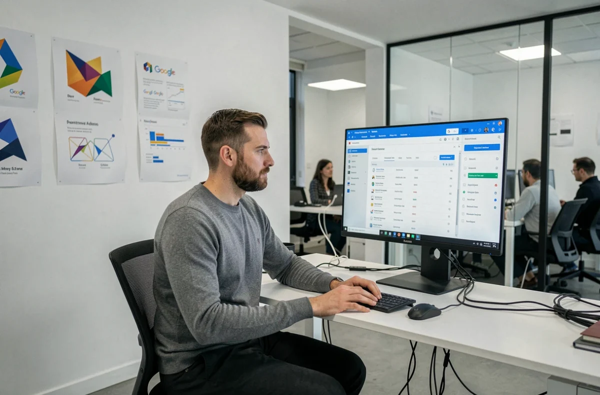 Stratège digital de l'agence Stafe en Maine-et-Loire planifiant des campagnes Google Ads sur un poste de travail ergonomique moderne