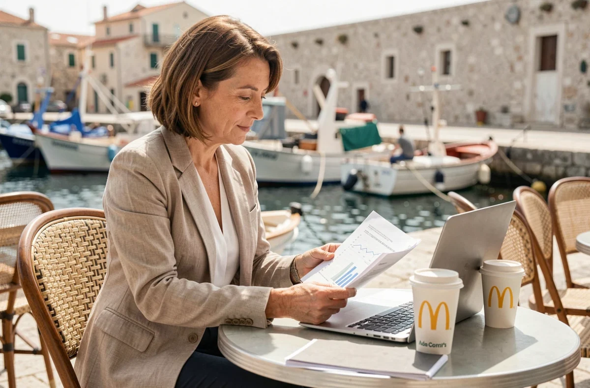 Femme d'affaires corse analysant une stratégie commerciale McDonald's dans un café face au port de l'île