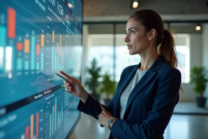 Femme professionnelle présentant une stratégie digitale sur un écran interactif dans un bureau moderne