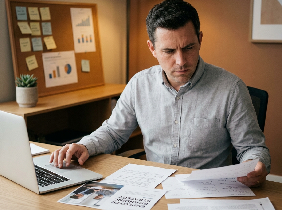 Responsable RH analysant des supports de stratégie de marque employeur à son bureau, illustrant la planification des actions concrètes en 2026
