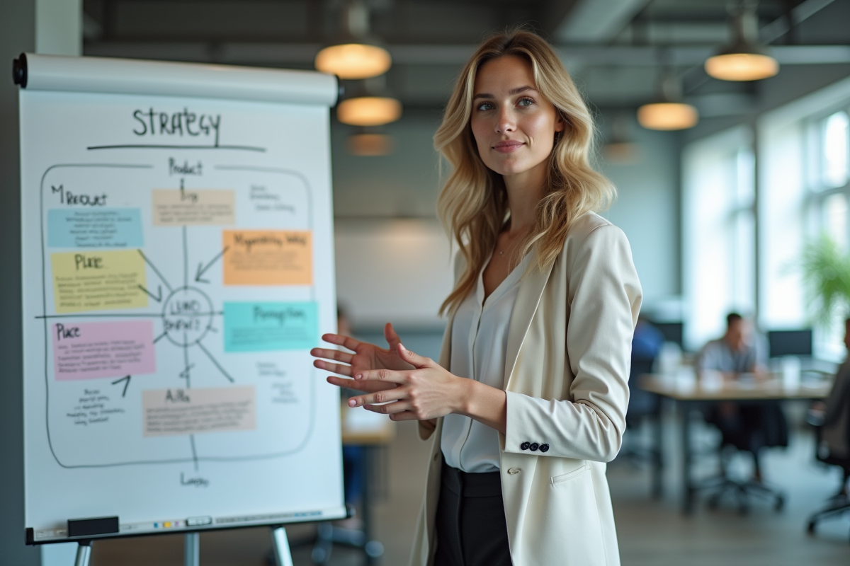 Jeune femme en présentation avec tableau blanc coloré