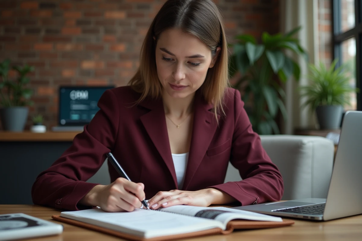 Professionnelle organisant ses cartes de visite et prenant des notes dans un carnet après un événement networking B2B