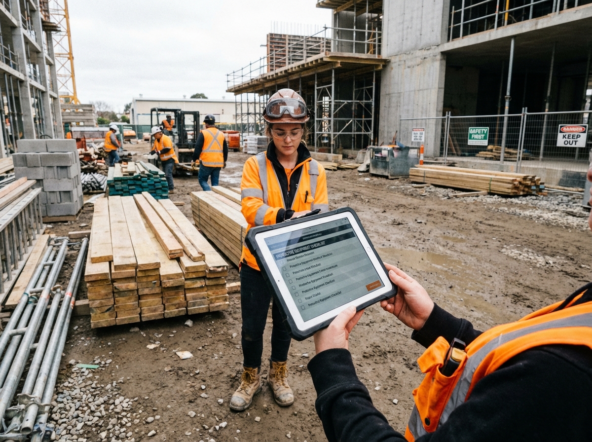 Jeune femme superviseur vérifiant un équipement de sécurité