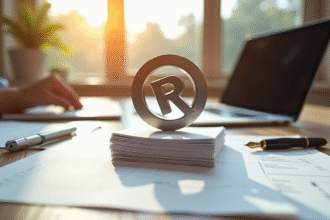 Symbole de copyright en métal sur des documents juridiques