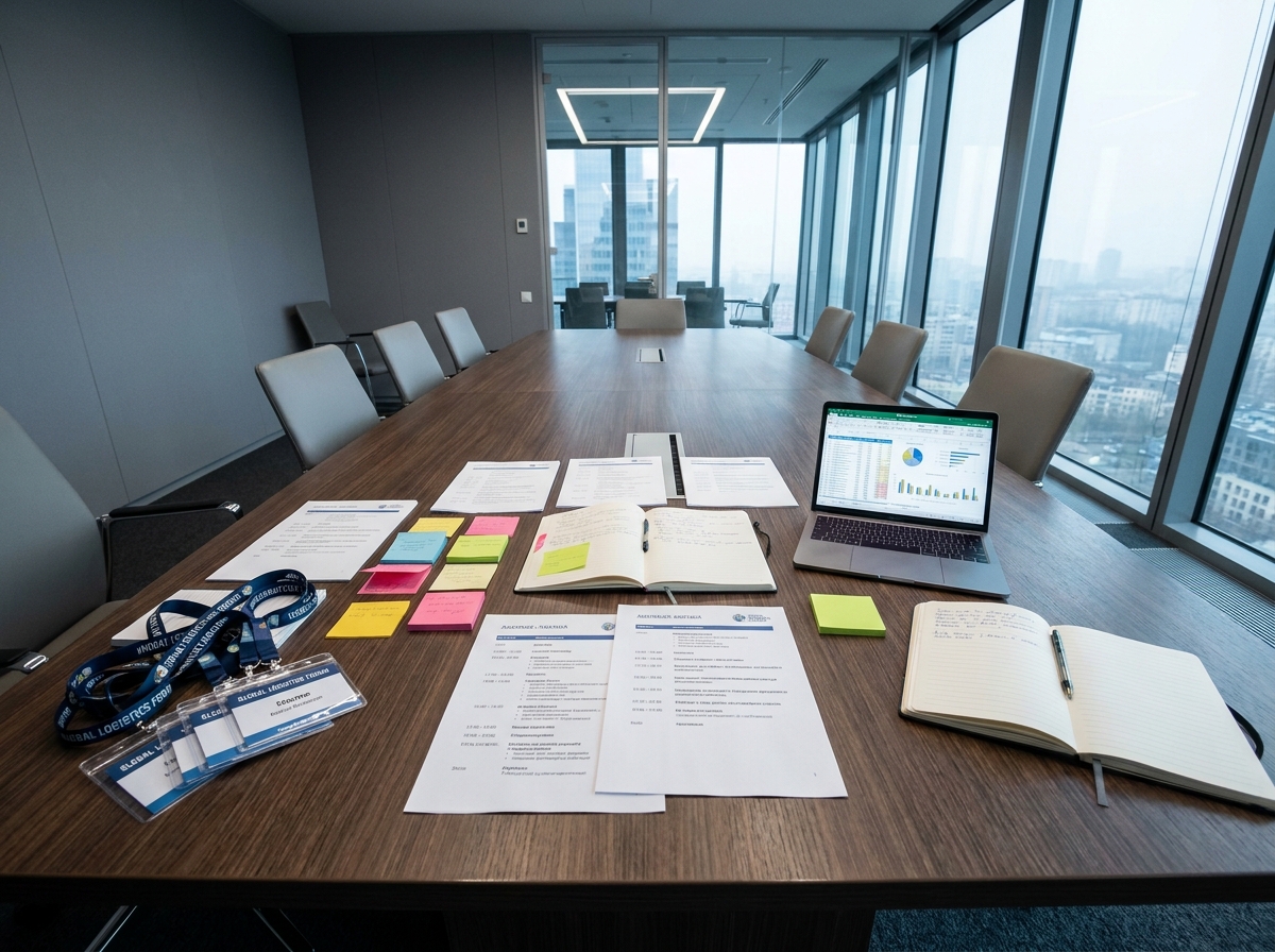 Table de réunion avec matériel logistique pour l'organisation d'une conférence interne : badges, agendas et ordinateur