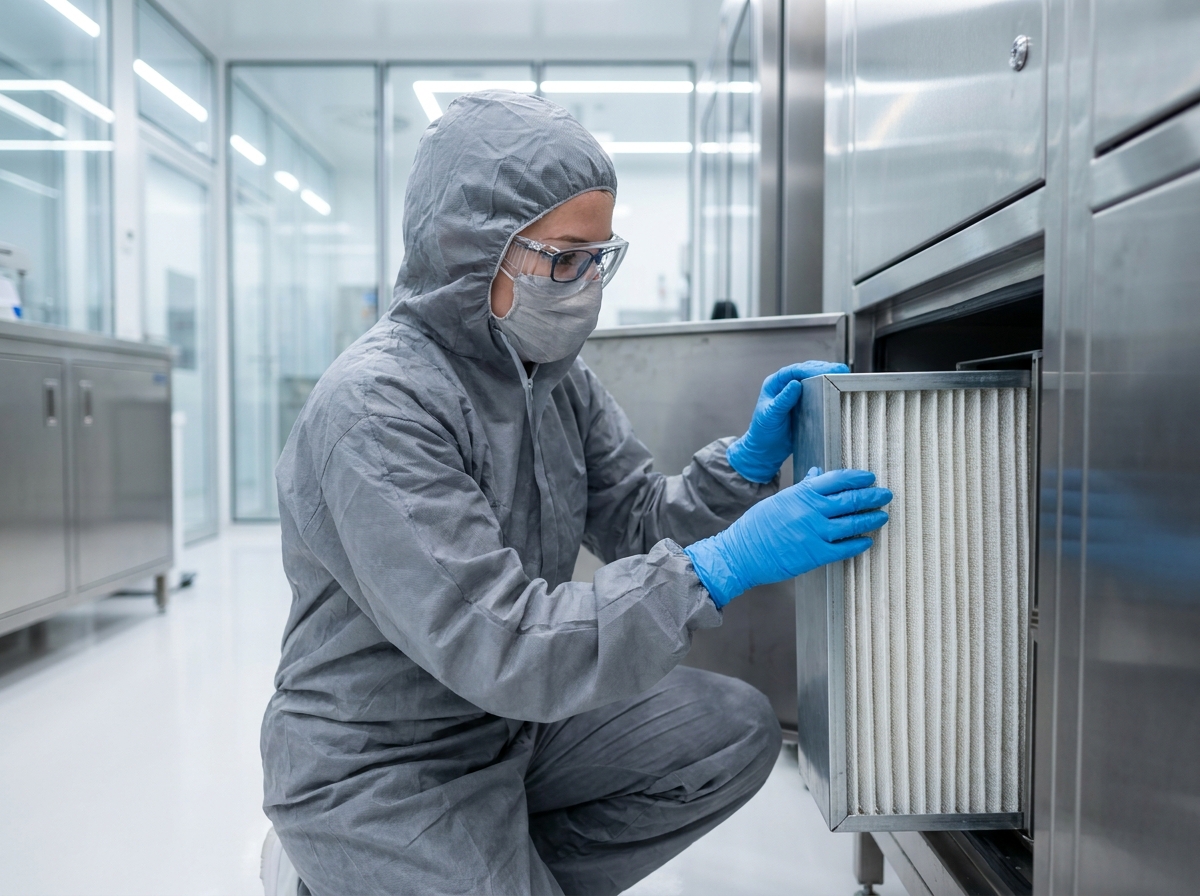 Technicienne remplaçant un filtre HEPA dans une unité de ventilation industrielle en salle blanche