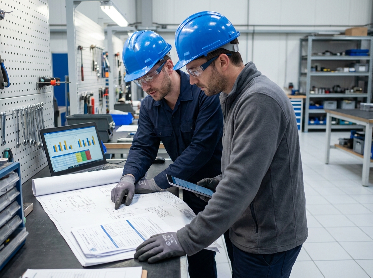 Deux techniciens analysant des documents de contrôle réglementaire dans un atelier industriel
