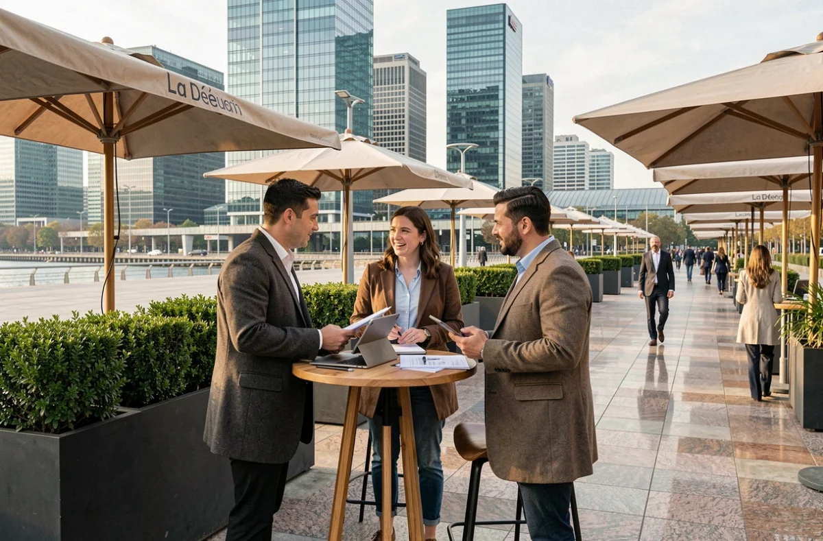 Professionnels en discussion sur une terrasse de coworking sur l'esplanade de La Défense