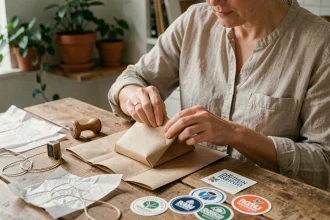 Femme travaillant à domicile en train d'emballer des produits artisanaux avec du papier kraft et de la ficelle sur une table en bois
