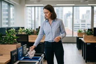 Employée de bureau triant des déchets papier et plastique dans des bacs de recyclage étiquetés en open space moderne