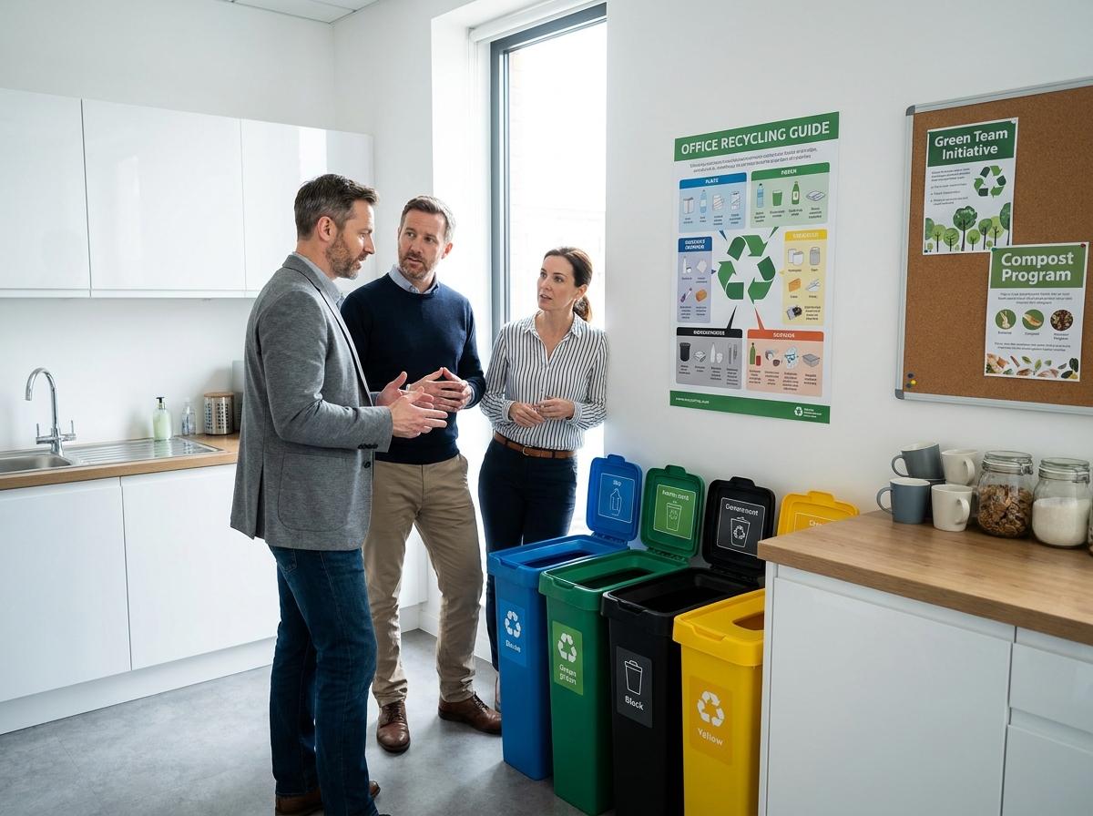 Trois collègues discutant des consignes de tri des déchets dans la cuisine d'une entreprise moderne