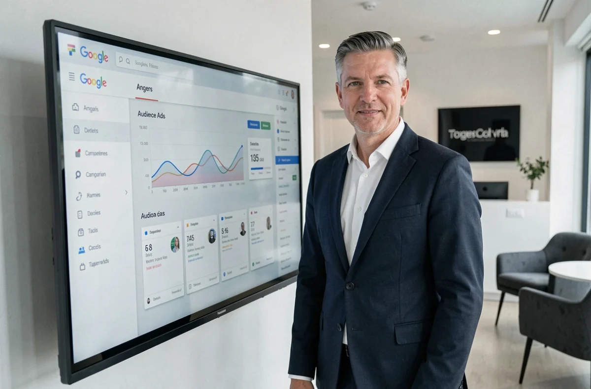 Consultant de l'agence Triaina en Maine-et-Loire présentant une stratégie de ciblage Google Ads dans un environnement de conseil haut de gamme