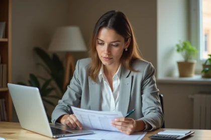 Femme vérifiant son bulletin de salaire avec une calculatrice et un stylo dans un bureau à domicile