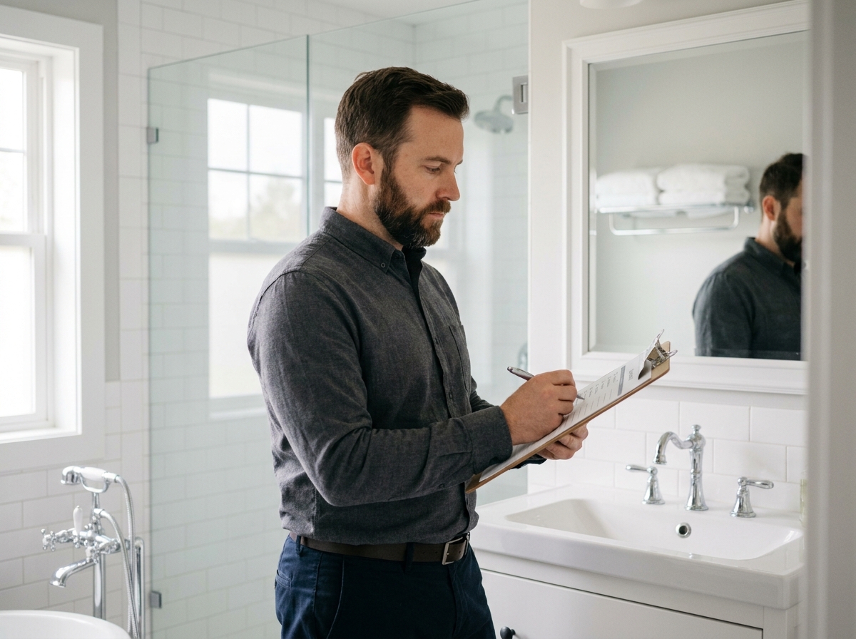 Gestionnaire immobilier vérifiant la propreté d'une salle de bain avant la mise en location d'un appartement